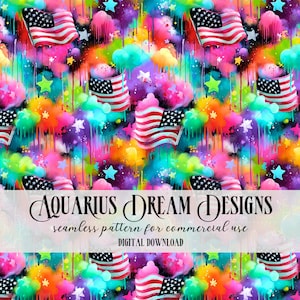 May include: A vibrant, colorful pattern featuring American flags, stars, and abstract cloud-like shapes. The design incorporates a rainbow of colors, including pink, blue, yellow, and purple. Text at the bottom reads "AQUARIUS DREAM DESIGNS seamless pattern for commercial use DIGITAL DOWNLOAD."