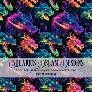 Neon Dragon Seamless File, Dragon Pattern, Dragons Seamless Pattern for Fabric Design, Dragon Digital File, Dragon Repeating Pattern