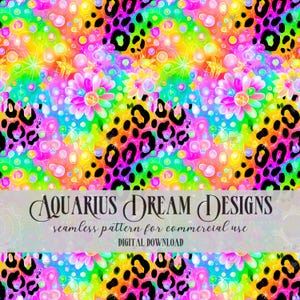 May include: A vibrant digital pattern featuring a rainbow of colors, including pink, yellow, green, and blue. The design incorporates leopard print spots, flowers, and sparkling accents. The text "AQUARIUS DREAM DESIGNS" is displayed.