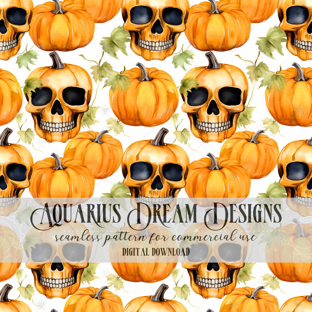 Halloween Pumpkins and Skulls Seamless File, Watercolor Skulls and ...