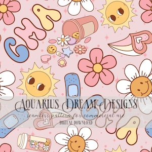 May include: A seamless pattern featuring a pink background with various cute cartoon illustrations, including a sun, flowers, hearts, stars, pills, bandages, and the word "CHA" in blue and yellow. The text "AQUARIUS DREAM DESIGNS" and "seamless pattern for commercial use" is also included in the image.