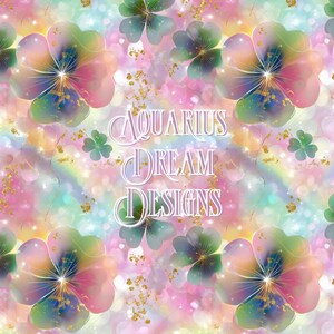 May include: A vibrant, digitally created floral pattern featuring large, multi-colored flowers with pink, green, and blue hues. The design includes smaller four-leaf clovers, gold flecks, and the text "AQUARIUS DREAM DESIGNS" in a delicate font, set against a soft, pastel background.