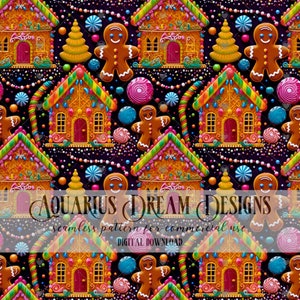 May include: A seamless pattern featuring gingerbread houses, gingerbread people, candy canes, and colorful candies on a black background. The pattern is perfect for holiday crafts and decorations.