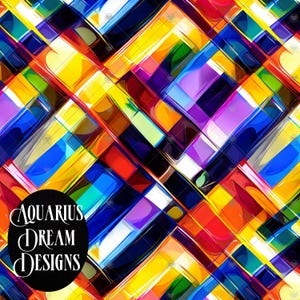 Pode incluir: Arte digital abstrata com um padrão geométrico vibrante. O design apresenta formas retangulares sobrepostas em um espectro de cores, incluindo amarelo, azul, vermelho e roxo. A imagem inclui o texto "Aquarius Dream Designs" em uma forma circular preta.