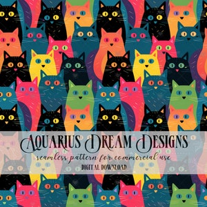 May include: A seamless pattern featuring colourful cartoon cats with different coloured eyes. The cats are arranged in a repeating pattern against a background of yellow, green, red, blue, and purple. The pattern is titled "AQUARIUS DREAM DESIGNS" and includes the text "seamless pattern for commercial use" and "DIGITAL DOWNLOAD".