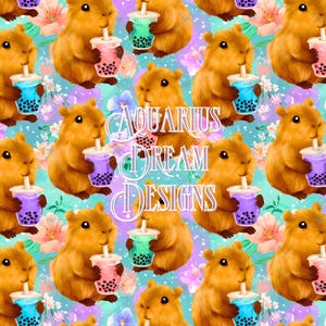 May include: A repeating pattern featuring cartoon capybaras holding bubble tea cups in various colors. The background is a light blue with floral accents and the text "Aquarius Dream Designs".