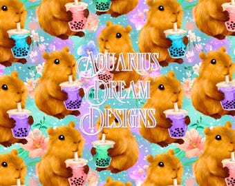 Cute Capybaras Drinking Bubble Tea Seamless Pattern, Capybaras Seamless File, Capybara Seamless Digital File, Kawaii Seamless Capybara File