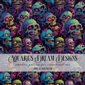 Op de afbeelding: Een naadloos patroon met een herhalend ontwerp van kleurrijke, cartoonachtige schedels met druppels bloed. De schedels hebben verschillende uitdrukkingen en zijn geplaatst op een donkerpaarse achtergrond.