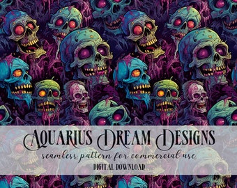 May include: A seamless pattern featuring a repeating design of colorful, cartoon skulls with dripping blood. The skulls have different expressions and are set against a dark purple background.