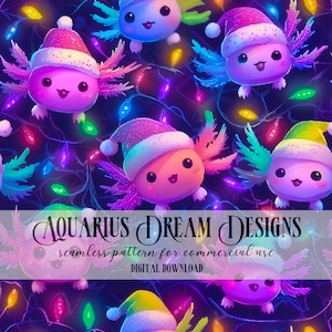 Könnte beinhalten: Nahtloses Muster mit Cartoon-Axolotln, die Weihnachtsmützen tragen, umgeben von bunten Lichterketten. Die Axolotl sind rosa, lila und blau. Der Text "AQUARIUS DREAM DESIGNS" ist sichtbar.