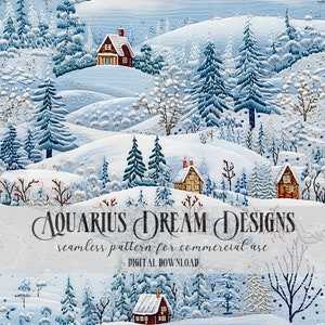 May include: A seamless winter pattern featuring a snowy landscape with small houses, pine trees, and a frozen lake. The pattern is perfect for creating winter-themed crafts, decorations, and apparel.