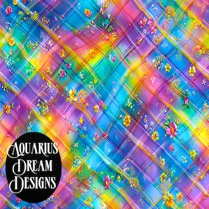May include: A vibrant, colorful digital design featuring a plaid pattern with a rainbow gradient. Tiny floral accents are scattered across the design. The text "Aquarius Dream Designs" is in a black circle in the lower left corner.