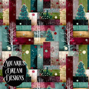 May include: A repeating pattern featuring Christmas trees, white trees, and red and white circular accents on a background of vertical wooden planks in various colors. The text "Aquarius Dream Designs" is in a black oval in the lower left corner.