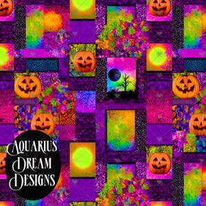 Peut inclure: Un motif vibrant et coloré avec des carrés sur le thème d'Halloween. Le motif comprend des citrouilles d'Halloween, de l'art abstrait coloré et une scène de nuit avec un arbre et une lune. Le texte "Aquarius Dream Designs" est dans un cercle noir.