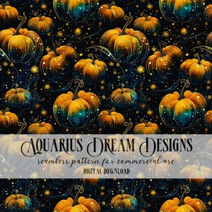 Może przedstawiać: Wzór bez szwów z złotymi i niebieskimi dyniami na czarnym tle z złotym brokatem i gwiazdami. Tekst "AQUARIUS DREAM DESIGNS" i "wzór bez szwów do użytku komercyjnego" jest wyświetlany na białym banerze.