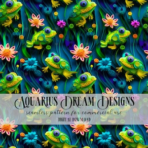 Peut inclure: Motif sans couture représentant des grenouilles vertes avec des accents jaunes et bleus, entourées de fleurs en papier colorées sur un fond bleu. Le texte "AQUARIUS DREAM DESIGNS" est en bas de l'image, avec les mots "motif sans couture pour usage commercial" et "TÉLÉCHARGEMENT NUMÉRIQUE" en dessous.