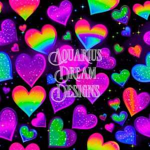May include: A seamless pattern featuring colourful rainbow hearts with glitter on a black background. The text "Aquarius Dream Designs" is in the centre of the image.