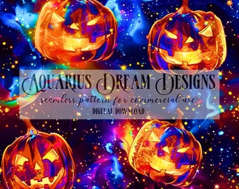 Fichier sans couture Halloween, motif citrouille cosmique, motif Halloween, motif citrouille néon, motif répétitif pour sublimation