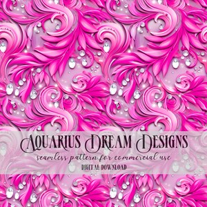 May include: A seamless pattern featuring pink and white swirls, leaves, and diamonds. The pattern is on a light pink background. The text "AQUARIUS DREAM DESIGNS" and "seamless pattern for commercial use" is at the bottom of the image. The text "DIGITAL DOWNLOAD" is below the text "seamless pattern for commercial use".