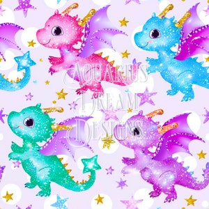 Girl Seamless Pattern, Girls Seamless File, Purple Baby Dragon Seamless Fabric Design, Cute Baby Dragon Digital Paper Fabric Sublimination