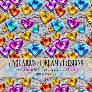 Valentines Seamless Pattern, Silver Rainbow Jewel Heart Seamless File, Jewel Hearts Seamless, Valentine Hearts Pattern, Seamless Hearts