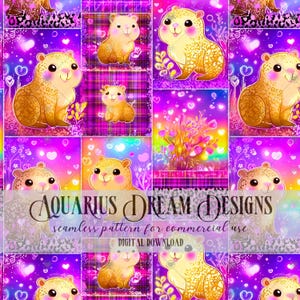 May include: A digital seamless pattern featuring cartoon hamsters in a grid of pink, purple, and gold squares. The design includes hearts, floral elements, and the text "AQUARIUS DREAM DESIGNS seamless pattern for commercial use DIGITAL DOWNLOAD."