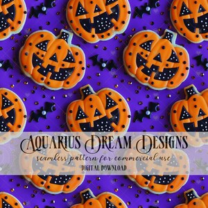 May include: A seamless pattern featuring orange and black Halloween jack-o'-lantern cookies with white sprinkles on a purple background. The text "AQUARIUS DREAM DESIGNS" and "seamless pattern for commercial use" is displayed on a white banner.