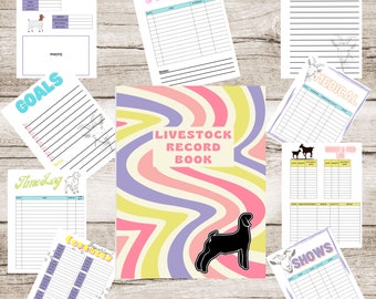 May include: A colorful, illustrated guide for keeping livestock records. The cover features a swirling pattern of pink, yellow, purple, and blue. The title "Livestock Record Book" is printed in black. A black silhouette of a goat is in the lower right corner.