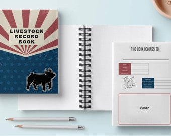 May include: A red, white, and blue spiral bound notebook with the text "Livestock Record Book" on the cover. The cover also features a silhouette of a pig. The notebook has a blank page with the text "This book belongs to:" and a space for a photo.