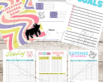May include: A livestock record book with a colorful, swirled cover. The book includes pages for goals, expenses, and time logs. The pages feature pig illustrations and text such as "This Book Belongs To" and "Goals."