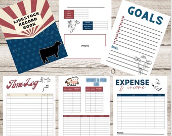 May include: Printable livestock record book pages with a red, white, and blue American flag theme. The pages include sections for goals, time log, weight and feed log, expense and income, and a photo page.