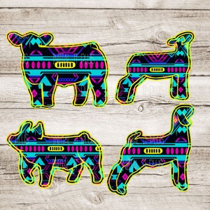 BUNDLE Neon show animals digital file, Stock show life, Show pig PNG, Show Life cow PNG Digital Download Sublimation