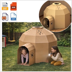 Può includere: Una casetta gioco a forma di igloo in cartone color marrone chiaro con cupola, ingresso a tunnel e ritagli a forma di stella sul tetto. La struttura presenta ritagli a forma di fiocco di neve sulle pareti d'ingresso e icone di file digitali.