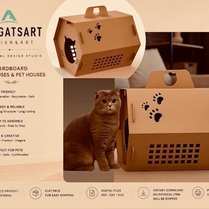 May include: A brown cardboard pet house with a handle, featuring cutouts of three paw prints and a grid pattern on the side. The structure is hexagonal with a cat-shaped opening. The design includes text reading ARAGATSART DESIGN & ART.