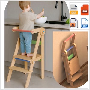 Planos de torre de aprendizaje plegable Montessori: Archivos cortados con láser CNC de madera contrachapada (descarga digital)