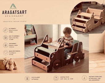 May include: A wooden train-shaped desk and chair set for children, featuring a dark wood finish with light-colored accents. The design includes a flat tabletop surface, a seat, and decorative wheels. The image displays text including ARAGATSART DESIGN & ART, KID FRIENDLY, EASY TO ASSEMBLE, SUSTAINABLE, MADE WITH PASSION, CNC & LASER OPTIMIZED, DIGITAL FILES, and INSTANT DOWNLOAD.