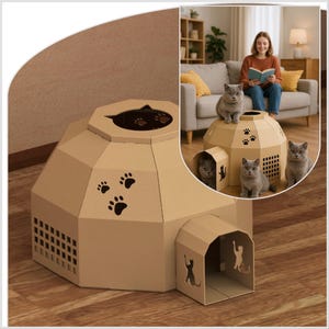 May include: A cardboard cat house with a domed roof and paw print cutouts. The house has a rectangular entrance and a small window. The cat house is designed for indoor use and is a neutral tan color.