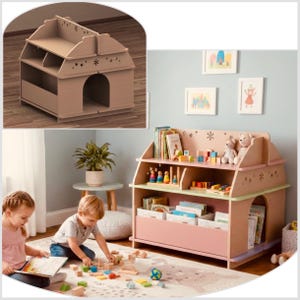 May include: A light pink wooden bookshelf shaped like a house, with multiple shelves and a storage area. The bookshelf is decorated with star-shaped cutouts and is filled with books, toys, and other items. The bookshelf is in a child's room.