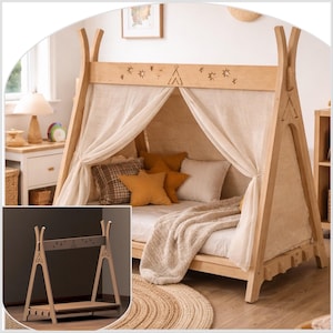 May include: A wooden teepee-style bed frame with a light-colored finish. The frame features a decorative top with star and teepee cutouts. Soft, cream-colored fabric drapes from the top, creating a canopy. The bed is furnished with pillows and a blanket.