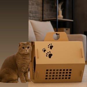 Puede incluir: Un gato marrón claro está sentado junto a un transportín para mascotas de cartón de dos tonos. El transportín tiene un asa, recortes de huellas de patas y orificios de ventilación. El gato tiene las orejas dobladas y mira a la cámara.