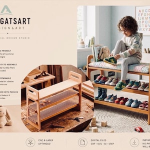 Planos para banco de madera contrachapada con zapatero, inspirado en la metodología Montessori: Archivos para corte láser CNC (descarga digital).