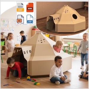 以下が含まれることがあります： 「UFO」の文字が側面に印刷された、UFO型のベージュ色の段ボール製プレイハウス。 プレイハウスには円形の開口部と星の切り抜きがあります。 子供たちは構造物の内側と周囲で遊んでいます。