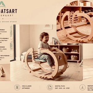 Plany roweru bujanego Montessori ROCKER: pliki do samodzielnego montażu ze sklejki, wycinane laserowo CNC (do pobrania w wersji cyfrowej)
