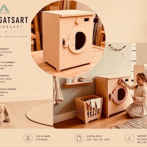 May include: A light-colored wooden toy washing machine with a circular front door, a top dial, and a rectangular slot. The design includes a matching wooden laundry basket and is presented as a digital file set for CNC and laser cutting projects.