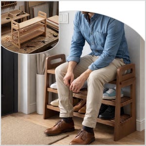 モダンな合板ベンチとシューラックの設計図：DIY CNCレーザーカットファイル（デジタルダウンロード）