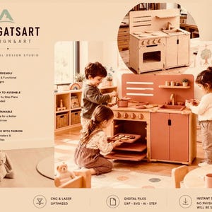 May include: A digital file set for a wooden play kitchen featuring a stove, oven, and sink. The design includes CNC and laser-optimized files in DXF, SVG, AI, and STEP formats. The product is branded as ARAGATSART DESIGN & ART.