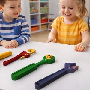 Könnte beinhalten: Eine Sammlung bunter Spielzeugschlüssel in Gelb, Rot, Grün und Blau, angeordnet auf einer weißen Oberfläche. Die Spielzeuge sind für Kinder konzipiert und bestehen aus Kunststoff. Zwei Kinder lächeln und betrachten die Spielzeuge.