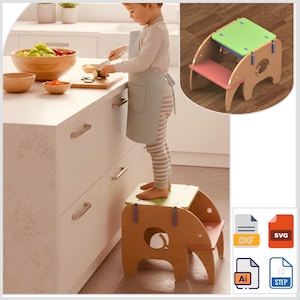 Planos de taburete Montessori con forma de elefante: Muebles infantiles hechos a mano de madera contrachapada CNC (Descarga digital)