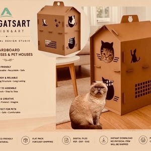 May include: A brown cardboard pet house shaped like a small cottage with cutouts of cats and paw prints. The structure features a grid-patterned window, a handle on the roof, and interlocking tabs. Text on the image reads ARAGATSART DESIGN&ART.