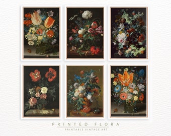 ensemble d'art mural de peinture florale vintage Moody | Galerie Imprimer | IMPRIMABLE NUMÉRIQUE | Art botanique | Nature morte surréaliste lunatique | Bouquet